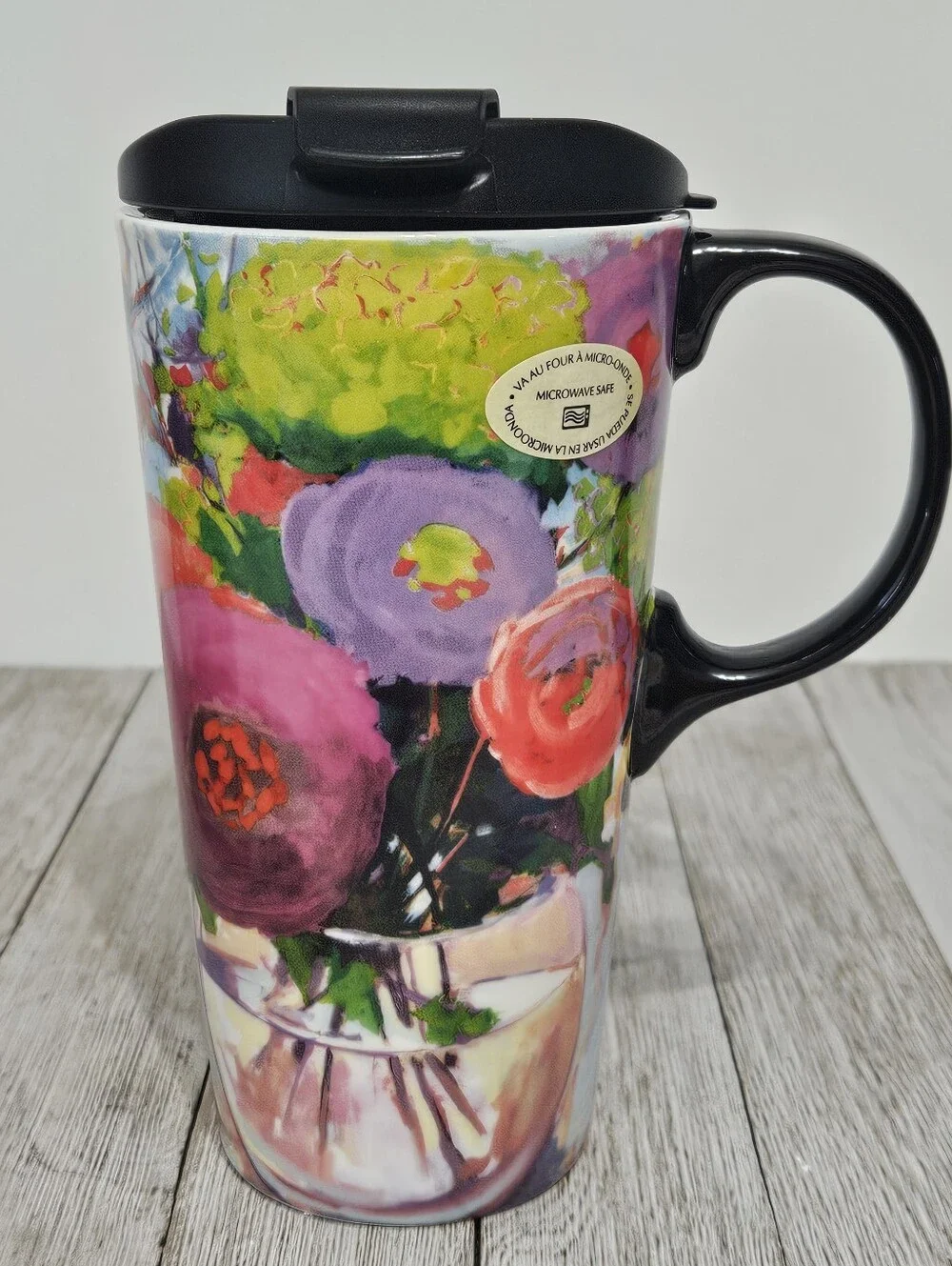 The Perfect Cup 17 oz. Ceramic Floral Cup Travel Mug by Cypress Home with Decora